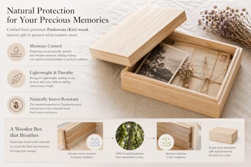 Wooden Keepsake Box for Photos & Memories, Japanese Kiribako Storage for Letters & Postcards, 5.9 x 4.15 x 1.8 in