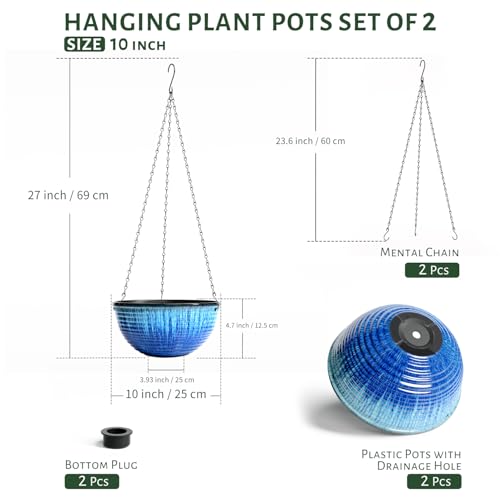 2 Pack 10 Inch Glazed Hanging Planters, Hanging Baskets with Drainage Hole - color: Blue Glaze, size: 10 inch