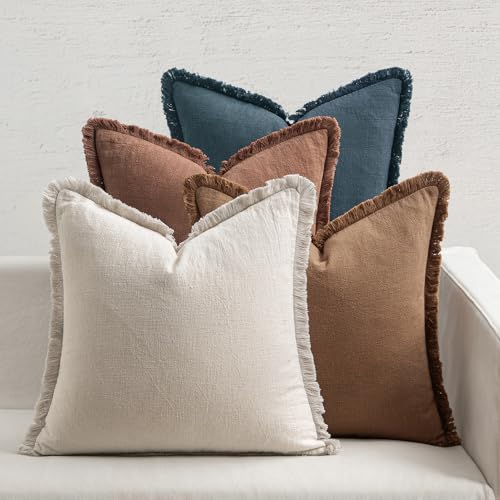 MIULEE Fall Linen Fringe Pillow Covers Set of 4 20x20 Beige/Brown/Blue - color: Blue Brown, size: 20" x 20" (Pack of 4)