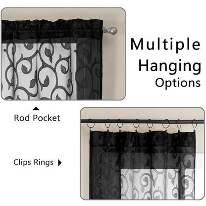 OWENIE Furman Black Sheer Curtains 54 inch Length for Living Room Bedroom 2 Panels Set, Lightweight Small Window Curtains with Geometric Jacquard Clip Voile Curtains, Dual Rod Pocket, 28Wx54L inch - color: Black, size: 28"W x 54"L (Pack of 2)