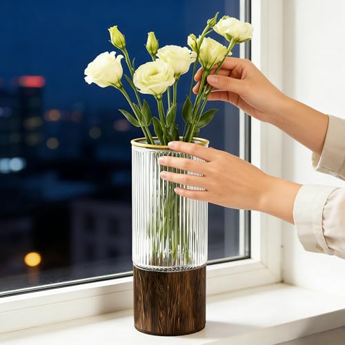 Artistic Wood Glass Vase,Wooden Base,Tall Vases Bottles for Flowers, Cylinder Vases for Wedding Centerpieces Table Shelf Decor - style: French