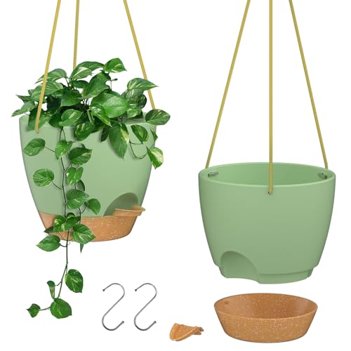 ZMTECH 8 Inch Hanging Planters for Indoor Outdoor Plants, 2 Pack Self Watering Hanging Plant Pots with Drainage Holes and Removable Saucer, Plastic Flower Hanging Pots with Watering Lip (Green) - color: Green, size: 8 Inch
