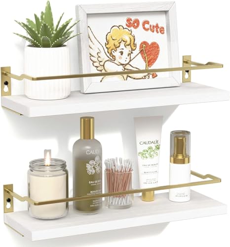 RICHER HOUSE Floating Shelves Bathroom, Small Wall Shelf Over Toilet 2 Set - color: White & Gold