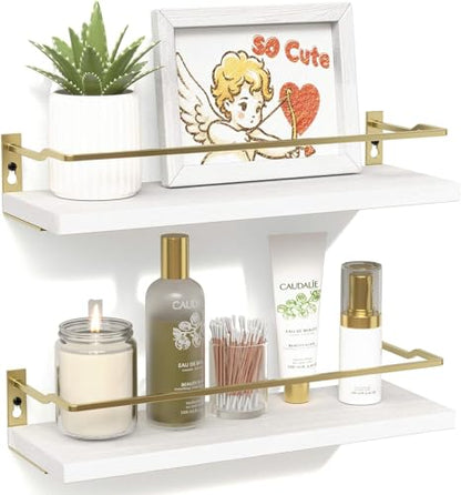 RICHER HOUSE Floating Shelves Bathroom, Small Wall Shelf Over Toilet 2 Set - color: White & Gold