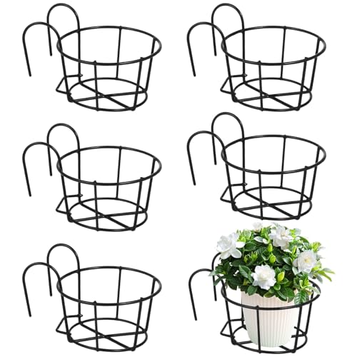 6 PCS Round Hanging Railing Planters, Hanging Flower Stand Iron Baskets, Hanging Planters for Outdoor Plants, Metal Rack Fence Shelf Plant Holder with Hooks for Balconies, Gardens, Indoor Spaces - color: Black