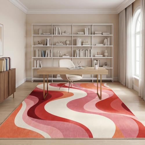 6x9 Pink and White Modern Abstract Wavy Washable Area Rug - color: Pink/White, size: 6' x 9' (Rectangular)