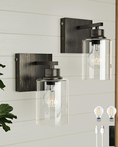 Rayogale Wireless Battery Operated Wall Sconce Set of 2 with Remote Control | Retro Industrial Black Brass Dimmable Easy Install Rechargeable Wall Light with Timer for Living Room Bedroom Emergency 3000K - color: Retro Black Brass(Clear Lampshades)