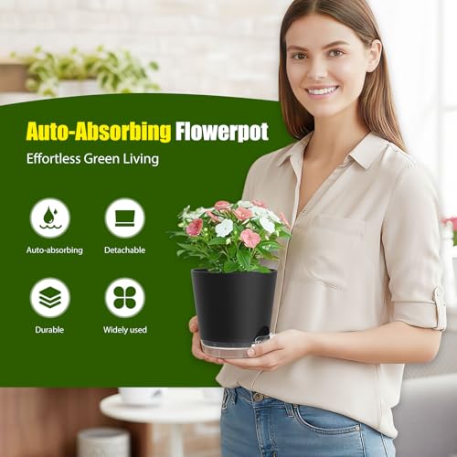 Plant Pots 6 Inch Self Watering Pots,6 Pack Plastic Planters with Drainage Holes and Clear Saucers,Plastic Flower Pots,Nursery Planting Pot for Indoor Out Door Plants (Black) - color: Black, size: 6 inch
