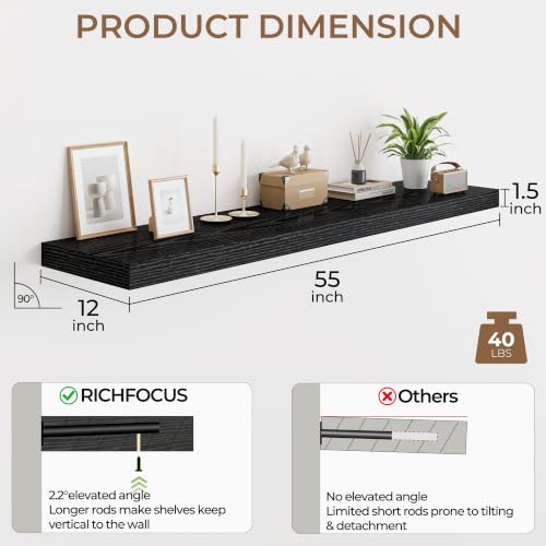 RICHFOCUS Long Floating Shelves for Wall 2Pack|Black|55" Lx12 D - color: Black, size: 55"L x 11.6"D, Set of 2