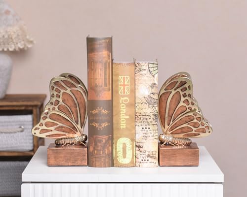 Vintage Brown Butterfly Bookends,Resin Book Ends for Shelves,Heavy Duty Decorative Bookends,Creative Book Stopper Holder Decor for Desk Home Office,Shelf Decoration,Gifts for Mother's Day - color: Brown