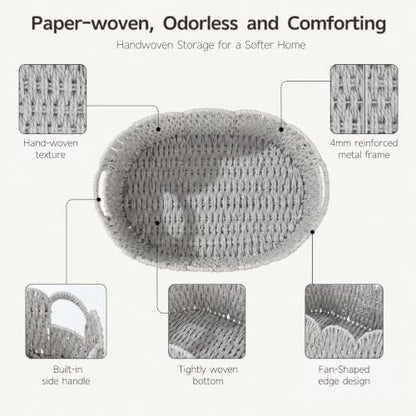 Endymion Set of 2 Paper Rope Scalloped Basket, Wicker Storage Baskets - color: Grey