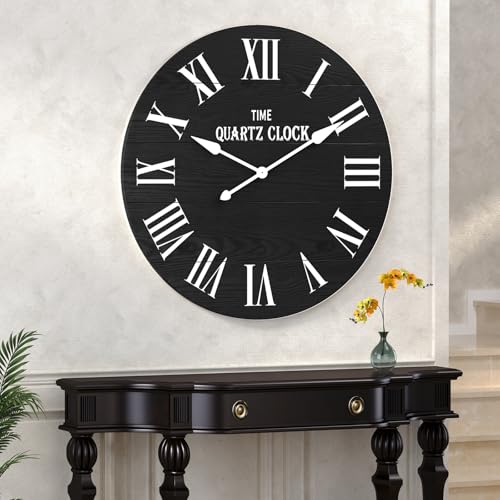 ARTPOWER 35.5" Extra Large Farmhouse Wall Clock,Solid Wood Veneer,Black - color: Black, size: 35.5"W x 35.5"H