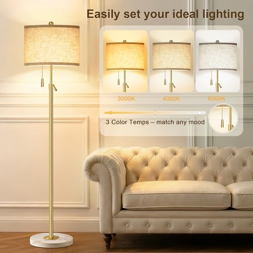 Modern Gold Floor Lamp for Living Room - Adjustable Height Standing Lamp with Marble Base & Linen Shade, 3-Way Dimmable Tall Floor Light for Bedroom, Reading, Bulb Included - color: Gold