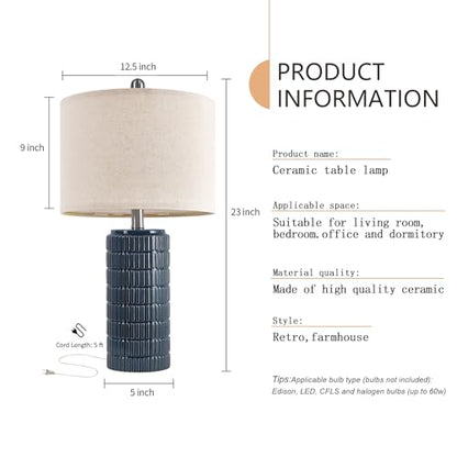 PoKat 23" Blue Table Lamps, Farmhouse Bedside Lamps for Bedroom Set of 2, Ceramic End Table Lamps for Living Room, Traditional Nightstand Desk Lamps, Medium - color: Dark Blue
