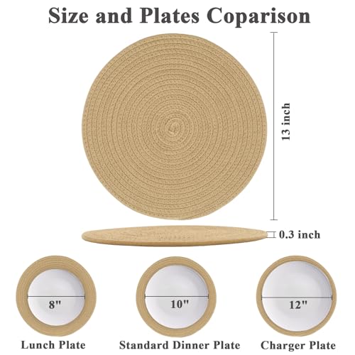 Round Placemats Set of 6, Cotton Rope Woven Table Mats, Hot Pads for Kitchen, Non Slip Heat Resistant Place Mats, 13 Inches Braided Placemat for Farmhouse Decor and Kitchen Table Decor (Khaki) - color: Khaki