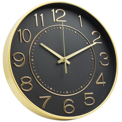 HZDHCLH 12 Inch Modern Wall Clock Battery Operated Silent Non Ticking - color: Black and Gold, size: 12 Inch