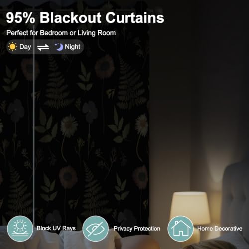 Dark Floral & Botanical Fern Blackout Curtains for Bedroom 84 Inches Long - color: Dark Floral