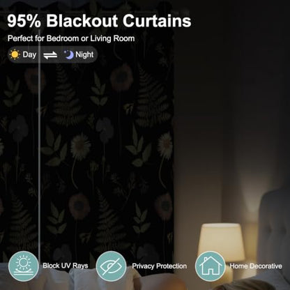 Dark Floral & Botanical Fern Blackout Curtains for Bedroom 84 Inches Long - color: Dark Floral