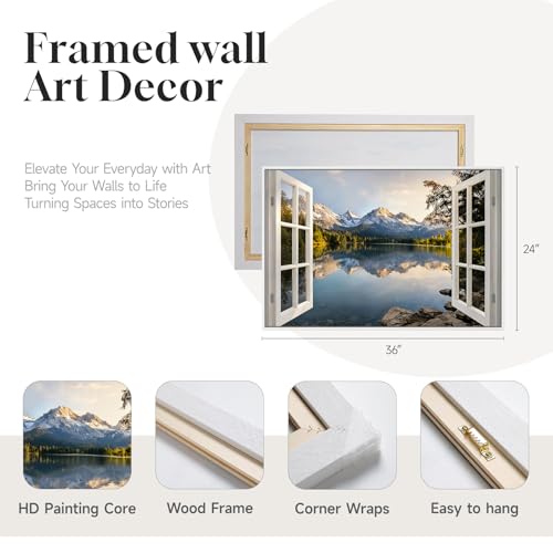 Framed Window Nature Scenic Landscape Wall Art for Living Room, 24x36 Inch - color: White Blue, size: 36"L x 24"W