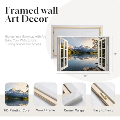Framed Window Nature Scenic Landscape Wall Art for Living Room, 24x36 Inch - color: White Blue, size: 36"L x 24"W