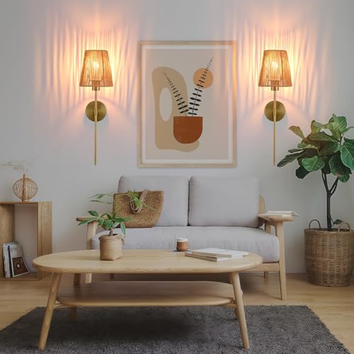 Battery Operated wall sconces Set of Two,Rattan Shade Gold with Remote Rechargeable Light Bulbs,dimmable RGB,Living Room,Bedroom,Hallway,Bathroom can be Used - color: Gold 24.4 Inch