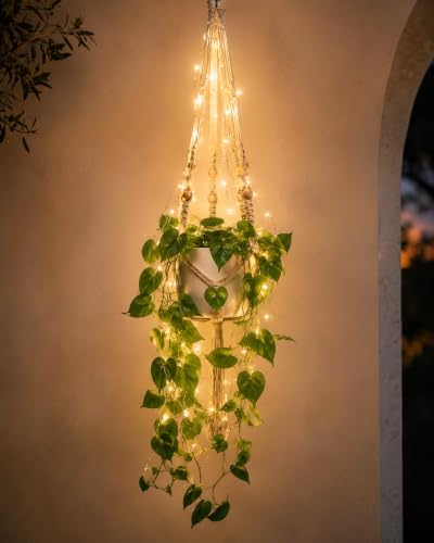Macrame Plant Hanger with 2 Solar LED Lights, 35 in