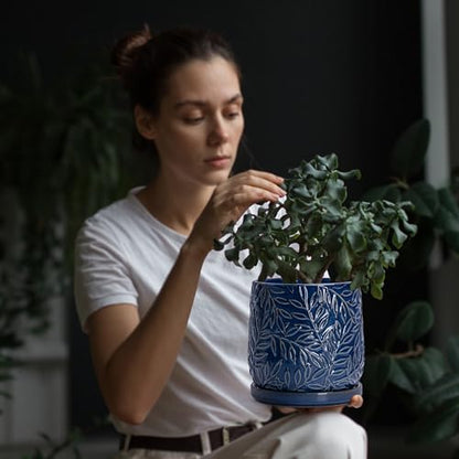 D'vine Dev Embossed Leaves Ceramic Planter, 6 in, Midnight Blue, 27-A-X-3 - color: Midnight Blue, size: 6 Inch