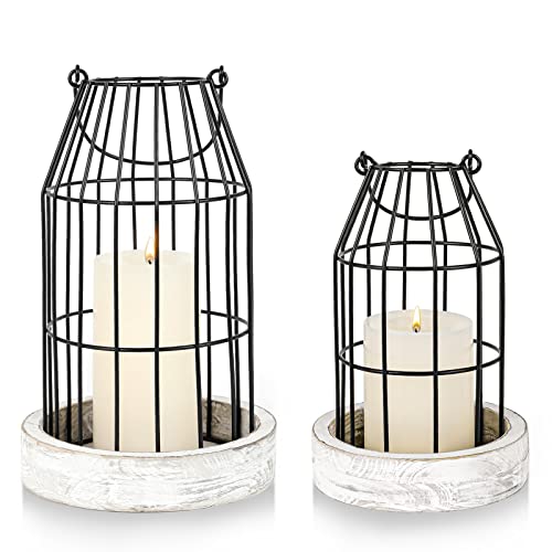 Rustic Wire Metal Cloche Set of 2 Candle Lantern Decorative Indoor Outdoor - color: Black/White