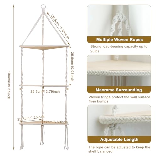 Artilady Corner Shelves Macrame Wall Hanging, 3 Tier Boho Storage - color: Macrame White - 3 Tier