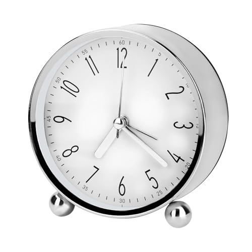 Welltop Analog Alarm Clock, 4 inch Super Silent Non Ticking Small Round Clock with Arabic Numerals Beep Sounds, Battery Operated, Lighted on Demand and Snooze, for Bedrooms Bedside Desk, Easy Set