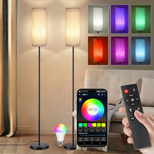 2 Pack LED Corner Floor Lamp with Remote Control Smart Standing Floor Lamp with DIY Color for Bedroom Living Room Gaming Adjustable Color Brightness 9W LED Bulb Included - 2 Pack Beige Shade+RGB Bulb - color: Black Pole+Beige Shade+RGB Bulb 2Pack