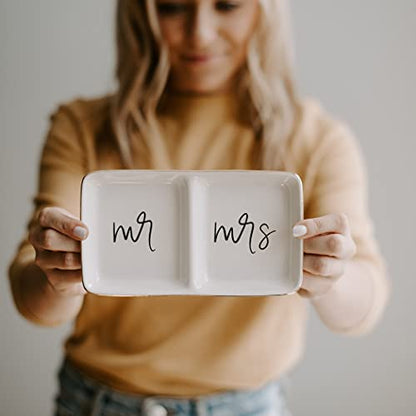 Sweet Water Decor Mr and Mrs Ring Dish - Personalized Wedding & Engagement Gift, Ring or Jewelry Dish Holder - Trinket Tray & Bedroom Decor - Ceramic White - style: Mr. & Mrs.