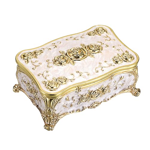 Hipiwe Metal Jewelry Box with Rose Pattern - Vintage Gold Trinket Organizer - color: Beige, size: Small