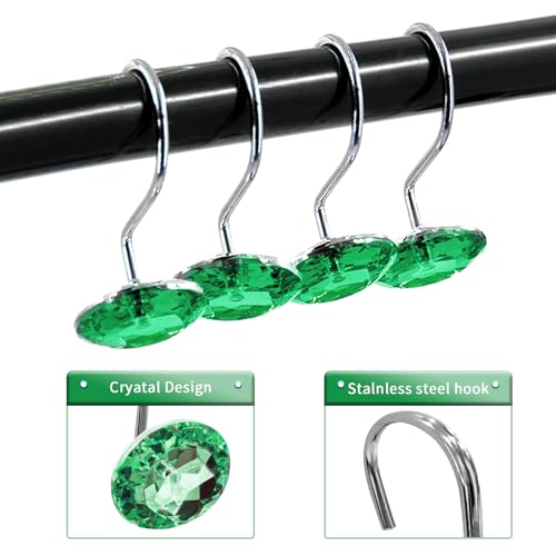 Crystal Diamond Round Shower Curtain Hooks Rings for Bathroom,Green,12PCS - color: Green
