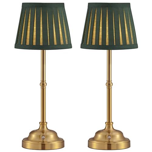 KDG Gold Cordless LED Table Lamps Set of 2, Green Fabric Shade Desk Lamps - color: Gold + Green Lampshade (2 Pack)