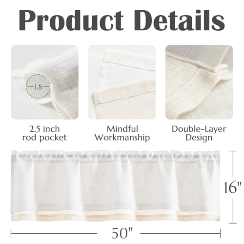 jinchan Kitchen Valance Curtain Double Layers, 50x16, 1 Panel, White - color: Double Layer | White, size: 50"W x 16"L (Pack of 1)