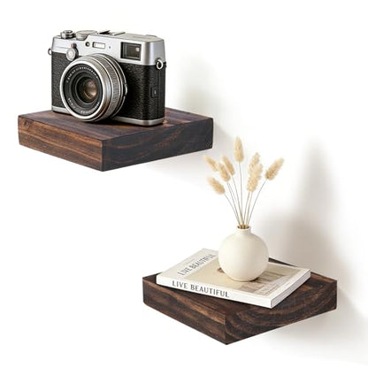 6.8x6.8x1.7in Square Solid Wood Floating Shelves Set of 2 Walnut - color: Walnut, size: 6.8x6.8x1.7-2pack