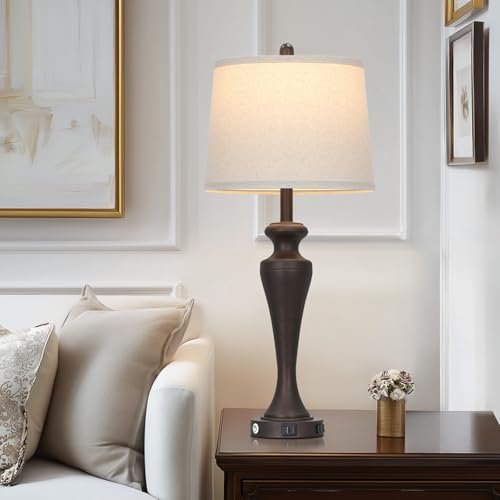30 Inch Dark Brown Table Lamp Single, 3-Way Touch Control Bedside Lamp with USB A+C Ports and AC Outlet, Tall Living Room Lamps for End Table, Elegant Coffee Bedroom Lamps for Night stand, Coffee - color: Brown-1PK
