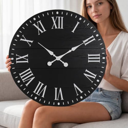 Large Wall Clock with Roman Numeral, 24” Shiplap Farmhouse Clock - color: Black, size: 24 Inch