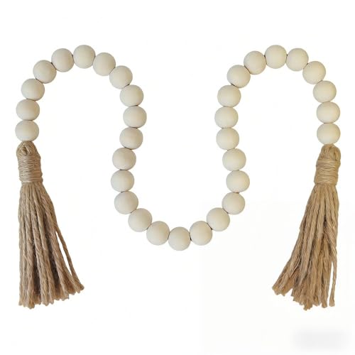 Easter Wood Bead Garland with Jute Tassel, Spring Decor Farmhouse Wooden Beads Rustic Prayer Beads for Tiered Tray Shelf Mantle Home Decor (White) - color: White