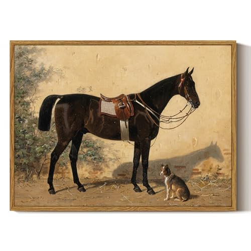 ARPEOTCY Framed Canvas Horse Wall Art, Classical Horse and Dog Art Print for Home Decor, Rustic Farmhouse Country Shelf Wall Decor for Living Room, Bedroom Office, Aesthetic, 12x16 inch - color: Brauner mit Fohlen, size: 16"L x 12"W