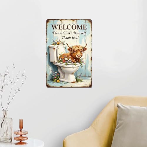 Wildflower Highland Cow Bathroom Welcome Design,Rustproof Aluminum Decor Sign,Cabin Restroom Ornament, Whimsical Present Plaque 8x12 Inch - color: M2030-Cow1-5
