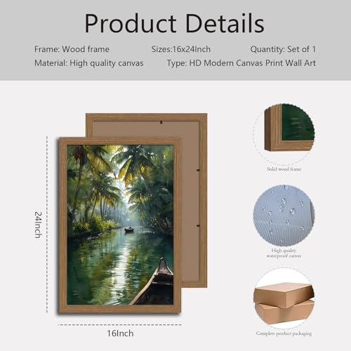 Kerala India Wall Art Framed, Tropical Jungle River Canvas Print - color: Tropicaljungle, size: 16"L x 24"W