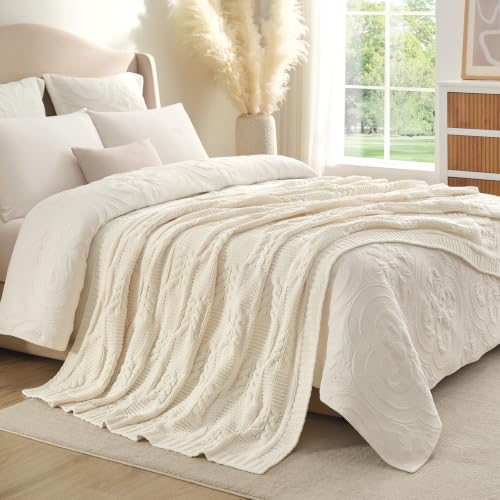 Amélie Home Chenille Knit Throw Blanket, Cream White 60"x80" - color: Cable Cream White, size: 60" X 80"