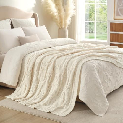 Amélie Home Chenille Knit Throw Blanket, Cream White 60"x80" - color: Cable Cream White, size: 60" X 80"