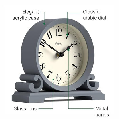 JONES CLOCKS® Saloon Mantel Clock | Small Traditional Double Scroll Design | French Navy | Contemporary Classic Style for Desk, Table, Shelf or Bedside - color: French Navy