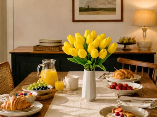 Mandy's 20 Stems Yellow Artificial Tulip Flowers for Home Centerpieces - color: Yellow 20pcs