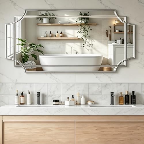 47"x24" Large Rectangle Beveled Mirror with Silver Geometric Frame - color: Silver, size: 47"L x 24"W