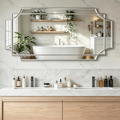 47"x24" Large Rectangle Beveled Mirror with Silver Geometric Frame - color: Silver, size: 47"L x 24"W