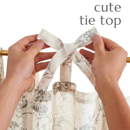 jinchan Grey Floral Kitchen Tier Curtains Alisa 36 Inches Tie Top 2 Panles - color: Alisa Grey on Linen, size: 26"W x 36"L (Pack of 2)
